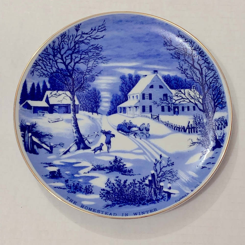 Vintage Currier & Ives Homestead In Winter Collectors Plate Blue Winter Scenery